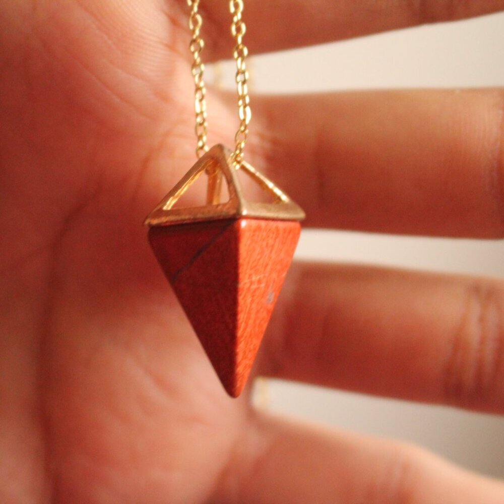 Red Jasper Triangle Stone Pendant Necklace – Gold Accent Chain - Picture 3 of 5